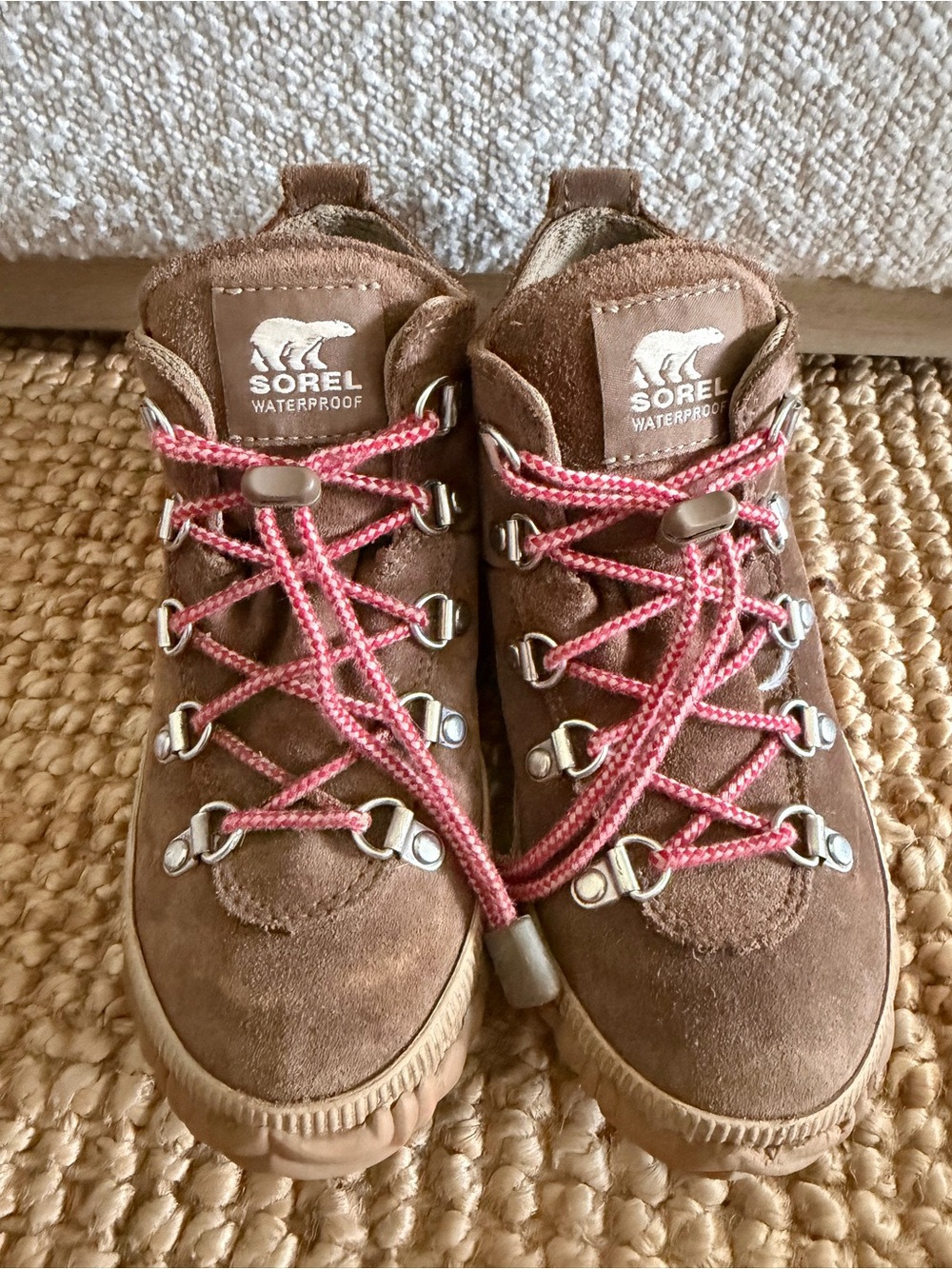 Sorel Kids Brown Suede Waterproof Boots with Pink Laces
